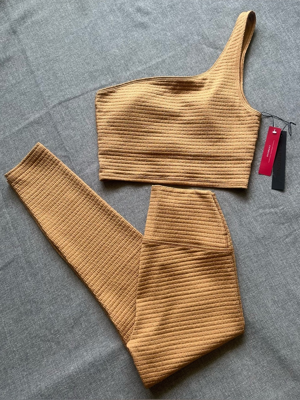 Carbon38 Jacquard One Shoulder Bra Crop Tank Top & Leggings 2pc Set